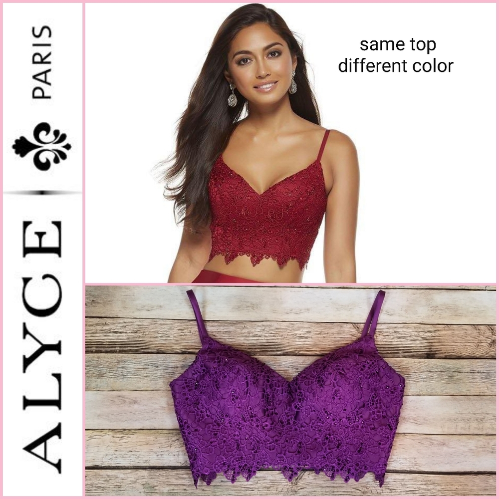 Alyce Paris Rhinestone Crystal Embellished Lace Crop Top - Purple